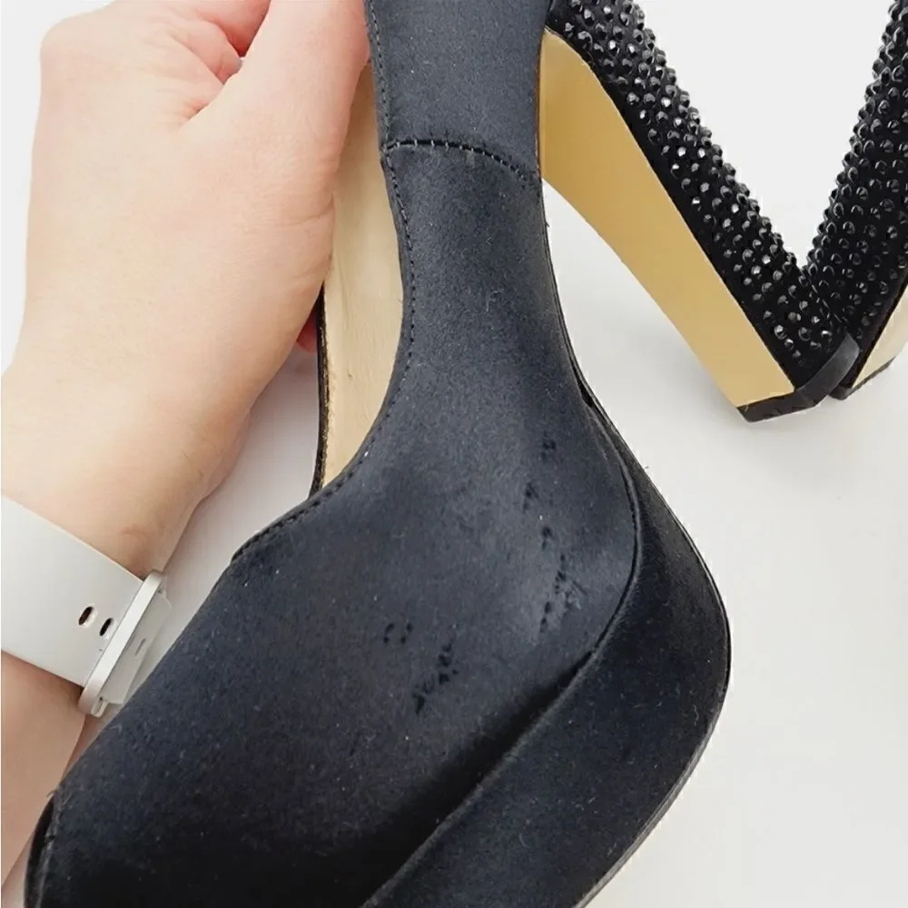 Michael Kors EUC Nadia Black Satin Crystal Heels with Peep Toe Heels
